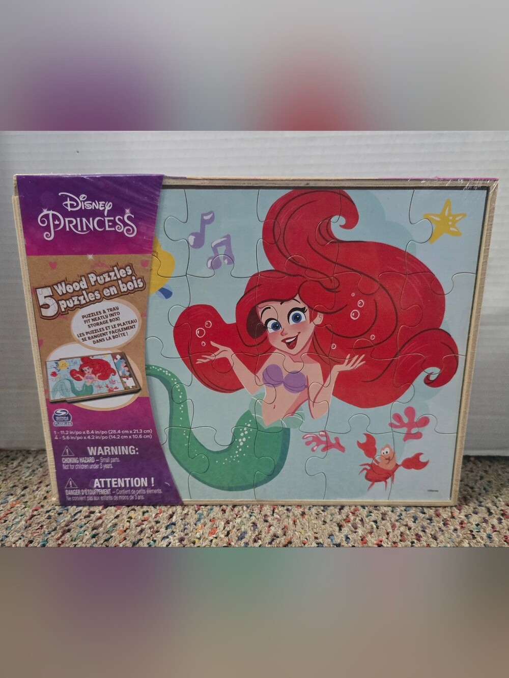 Disney 5 Pack Wood Jigsaw Puzzles Tray Storage Box NEW Mermaid Cinderella